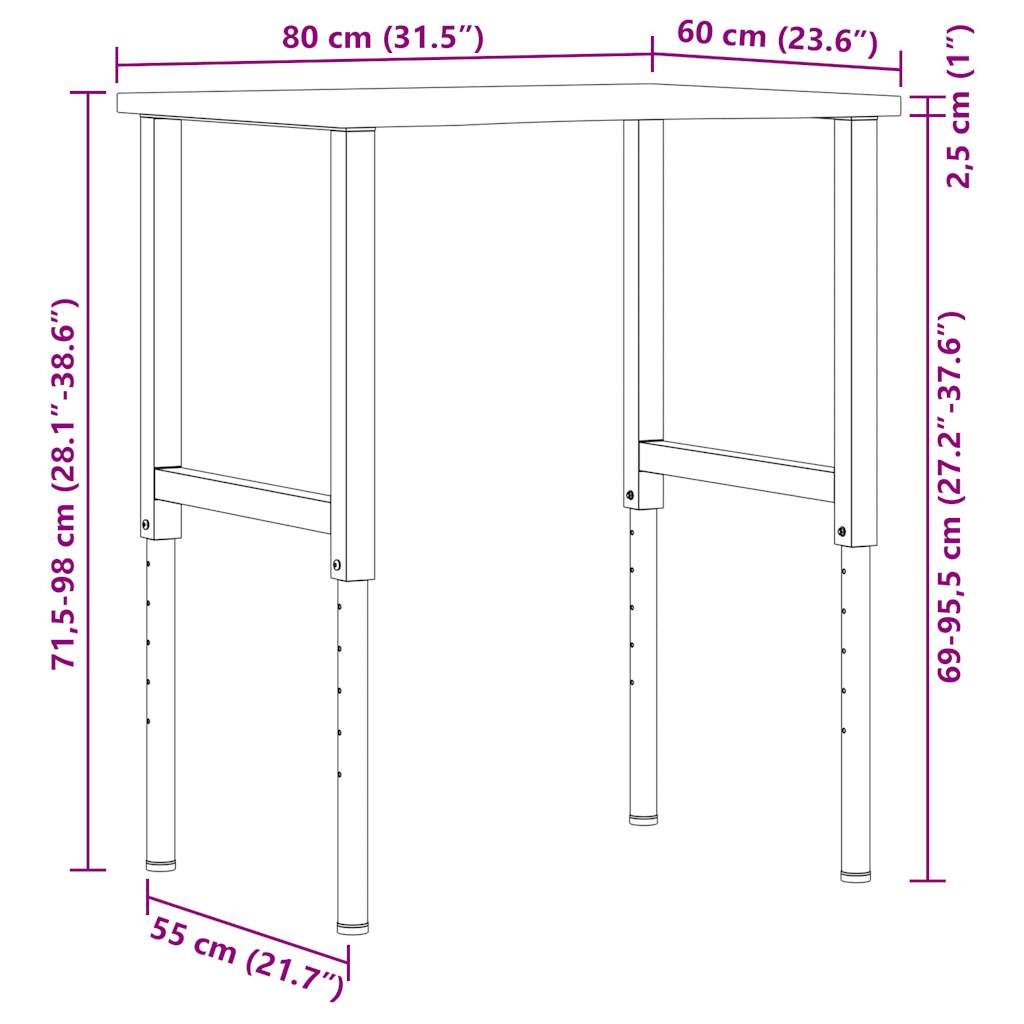 Radni stol tamnosmeđi 80x60x(71,5-98) cm masivno drvo hrast