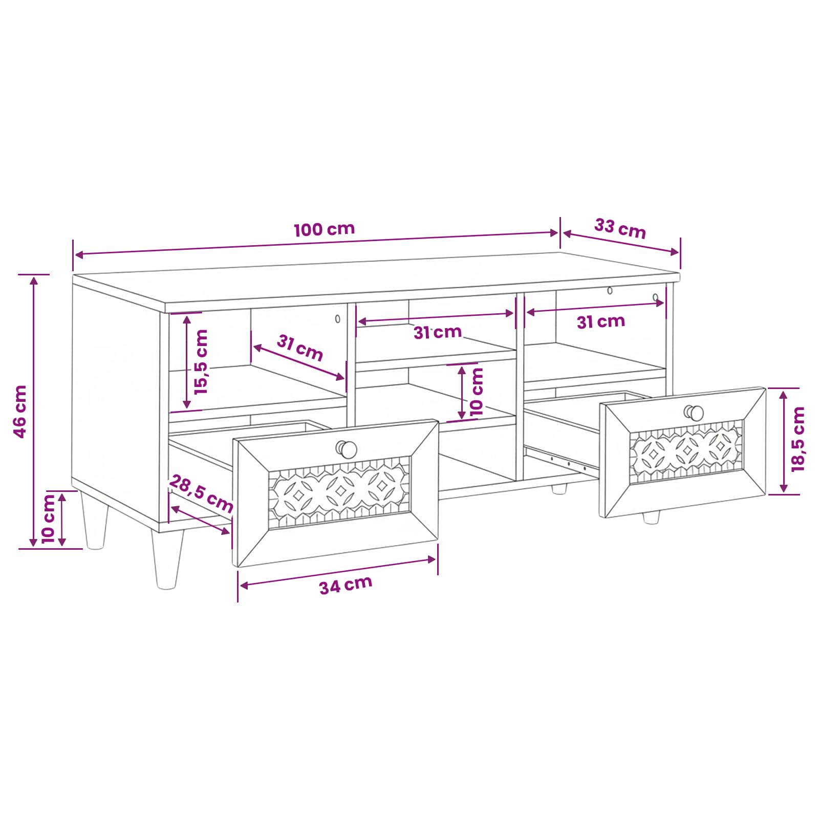 TV ormar Bjeli izbijeljeni 100 x 33 x 46 cm Čvrsto drvo manga