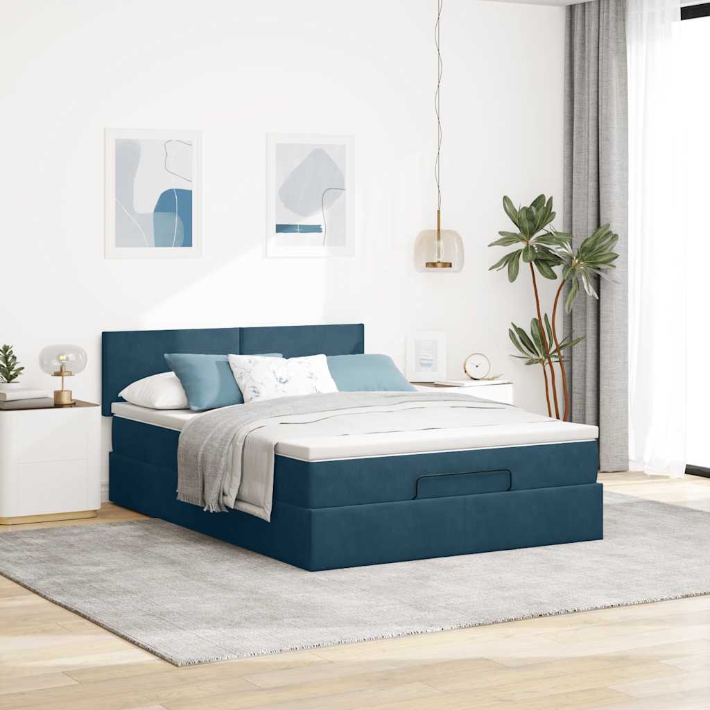 Ottoman krevet s madracem i LED diodama tamnoplavi 140x200 cm baršun
