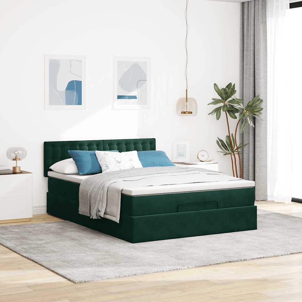Ottoman krevet s madracem i LED diodama tamnozeleni 140x190 cm baršun