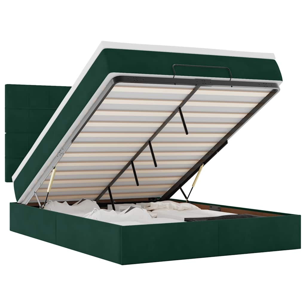 Ottoman krevet s madracima i LED diodama tamnozeleni 140x190 cm baršun