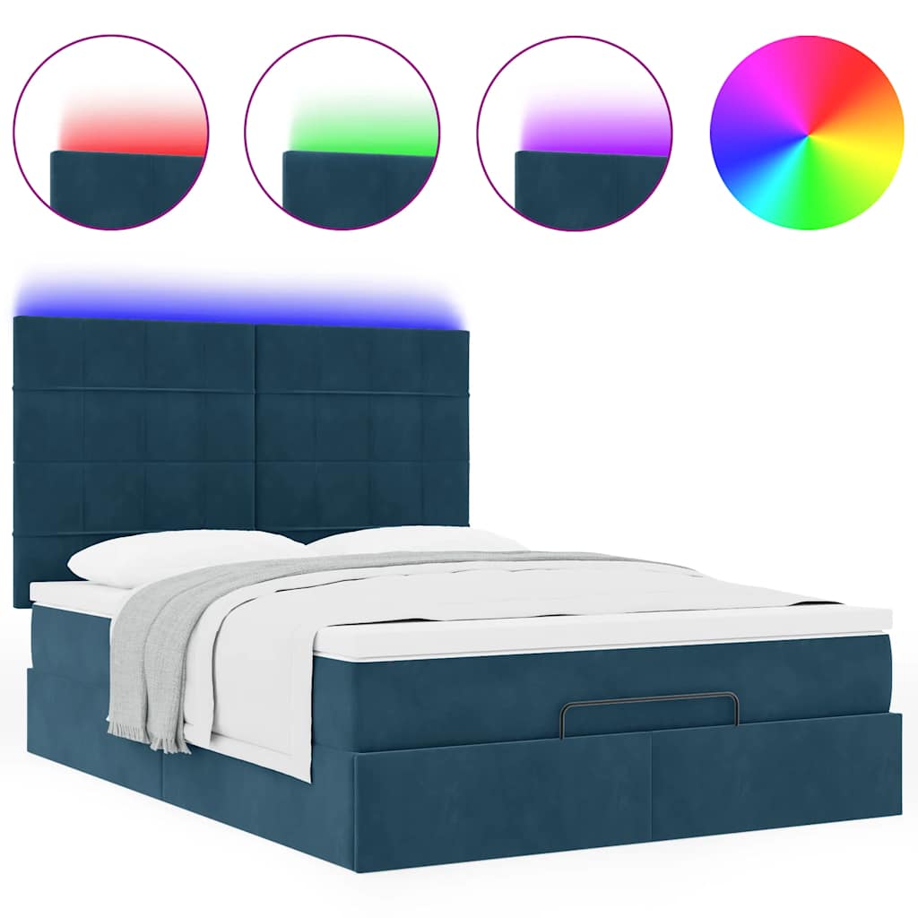 Ottoman krevet s madracima i LED diodama tamnoplavi 140x200 cm baršun