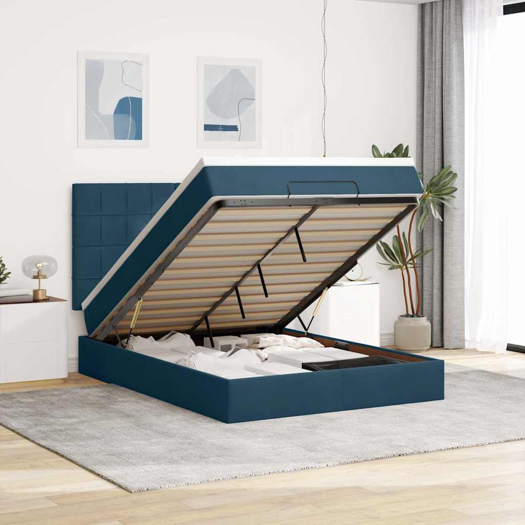 Ottoman krevet s madracima i LED diodama tamnoplavi 140x200 cm baršun