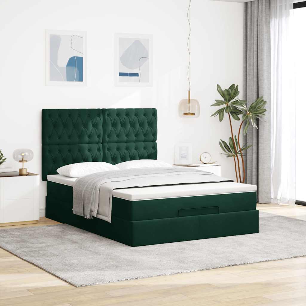 Ottoman krevet s madracima i LED diodama tamnozeleni 140x190 cm baršun