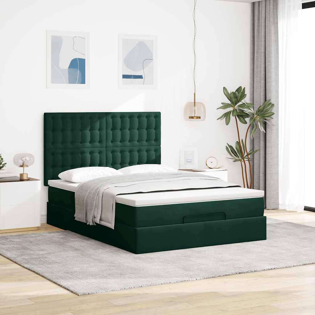 Ottoman krevet s madracima i LED diodama tamnozeleni 140x190 cm baršun