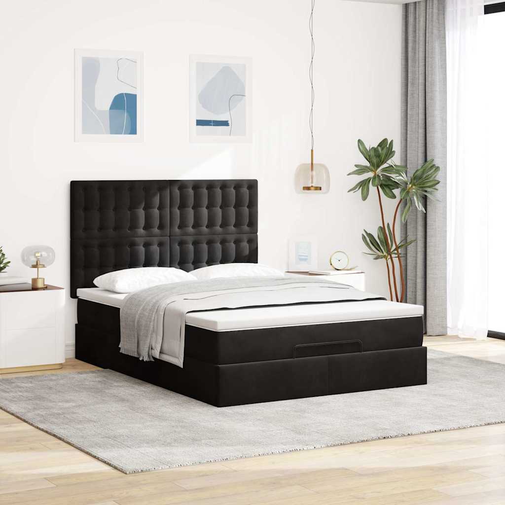Ottoman krevet s madracima i LED diodama crni 140x200 cm baršun