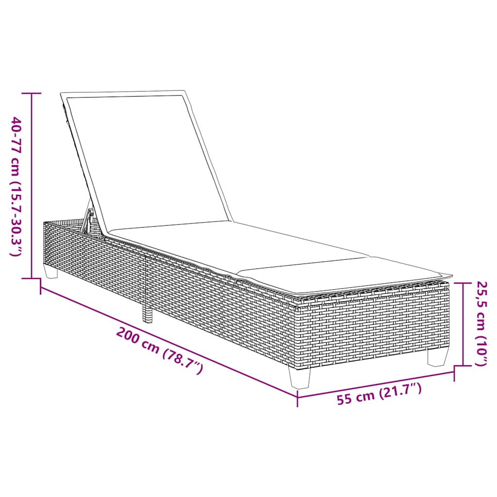 Ležaljka s jastucima siva 55x200x25,5 cm poli ratan