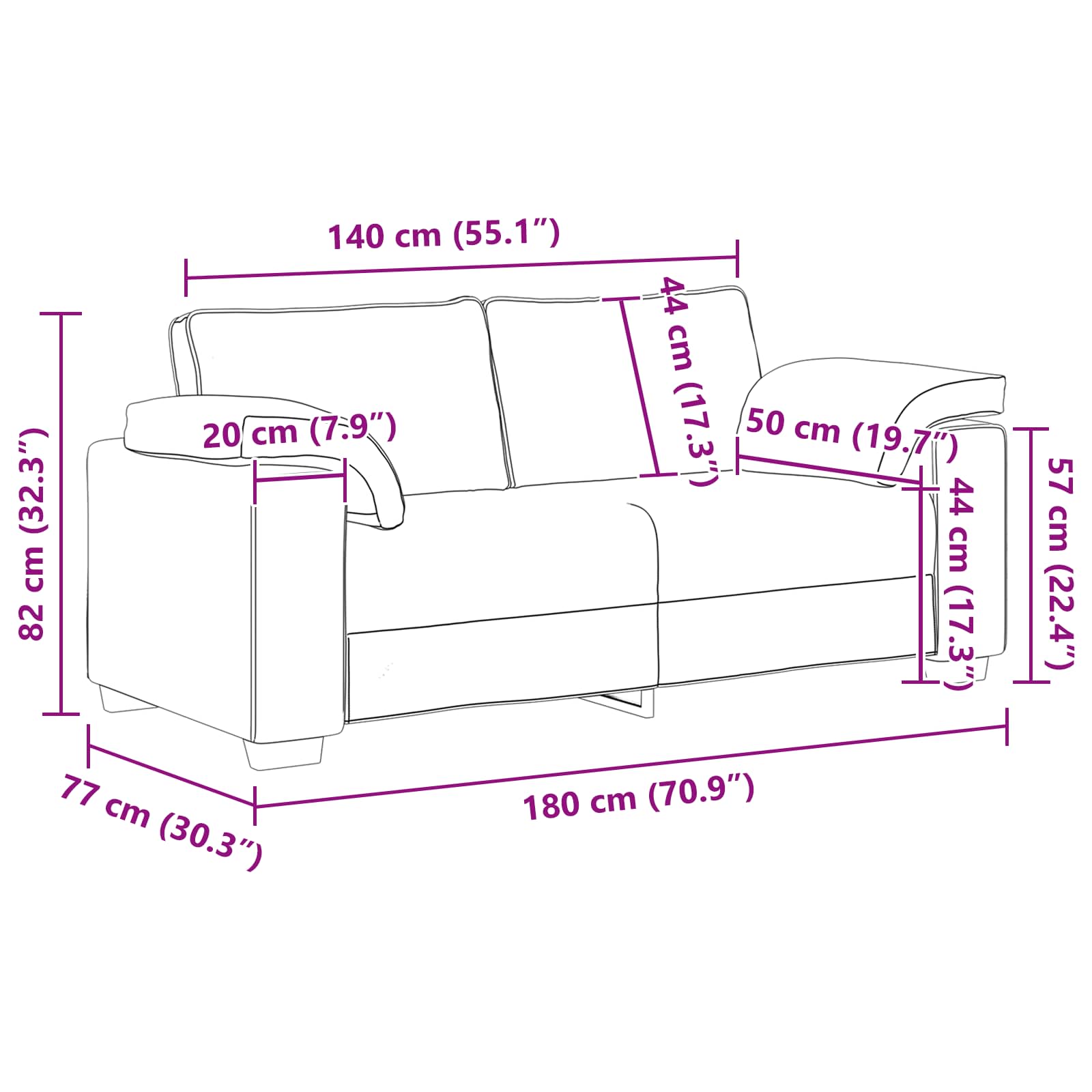 Sofa za dvije osobe Bež 180 cm Platnasta tkanina