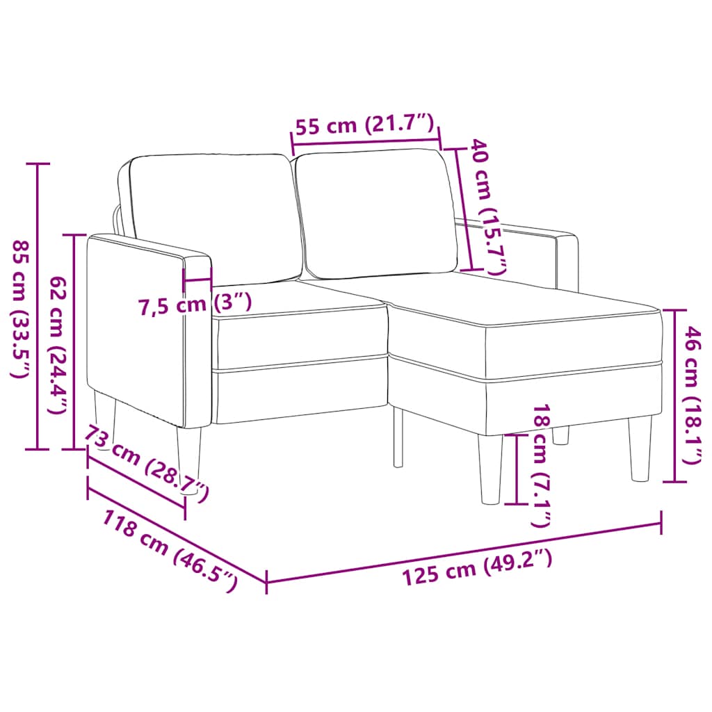 Dvosjed s ležaljkom L-oblikovani Cappuccino 125 cm umjetna koža