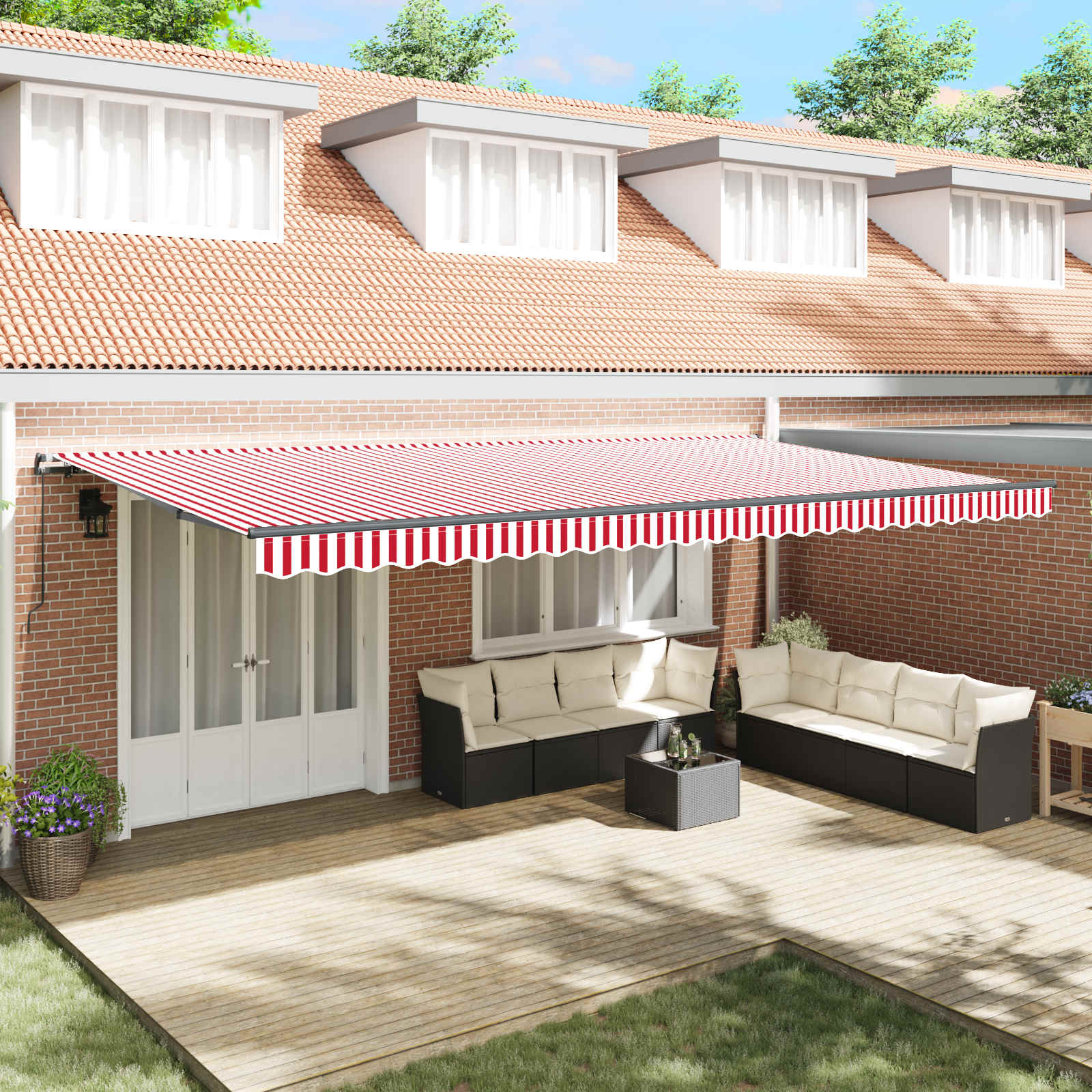 Skrovita tenda Crvena i bijela 600 × 300 cm Poliester i čelik