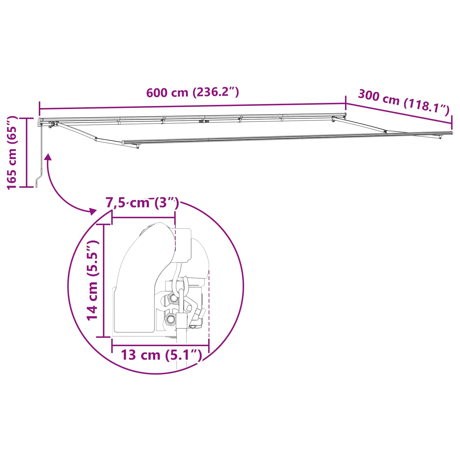 Skrovita tenda Crvena i bijela 600 × 300 cm Poliester i čelik