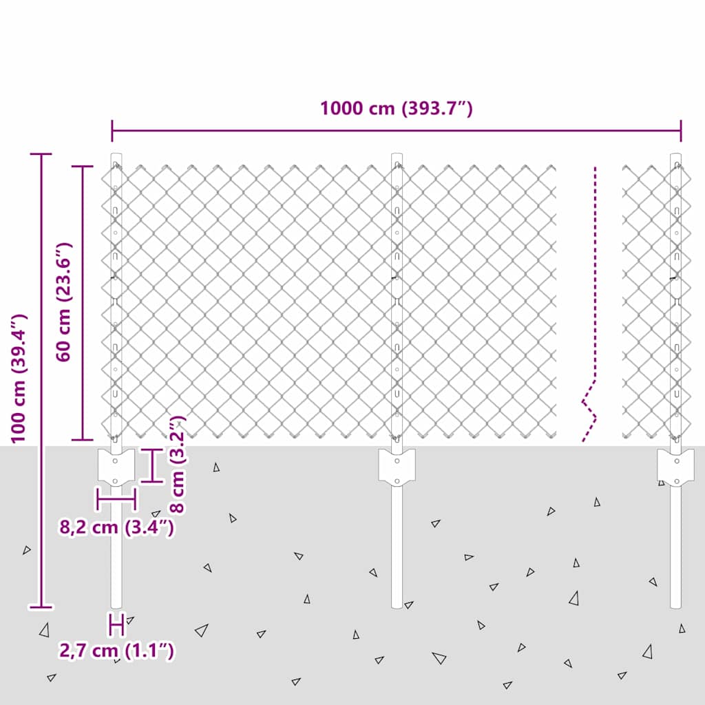 Ograda od lančanih veza s postom 10 x 0,6 m Srebrna Mreža