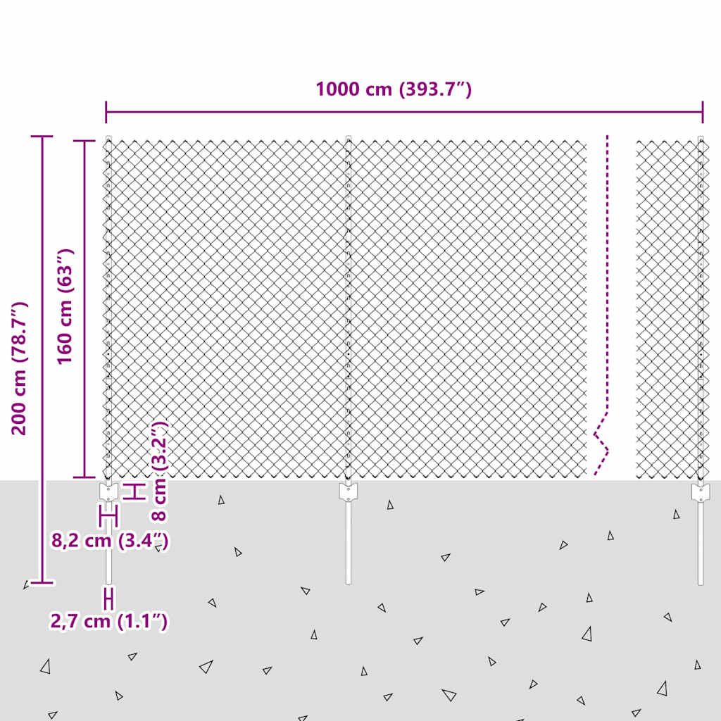 Ograda od lančanih veza s postom 10 x 1,6 m Srebrna Mreža