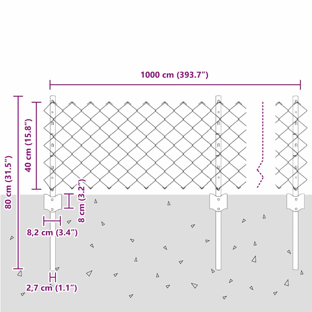 Ograda od lančanih veza s postom 10 x 0,4 m Srebrna Mreža