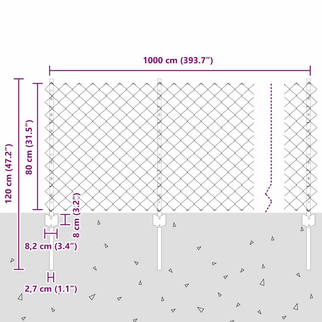 Ograda od lančanih veza s postom 10 x 0,8 m Srebrna Mreža