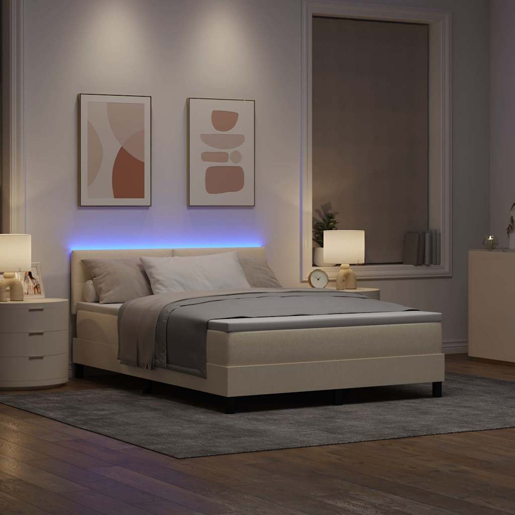 Krevet s opruga kutije s LED trakama Krema 140 x 200 cm tkanina