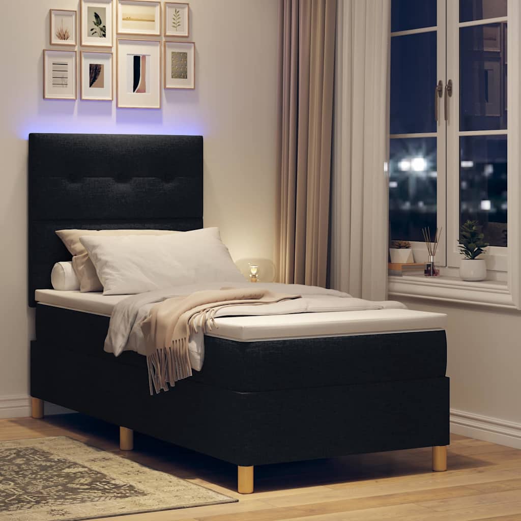 LED Box Spring Krevet s uzglavljem Crna 90 x 200 cm tkanina