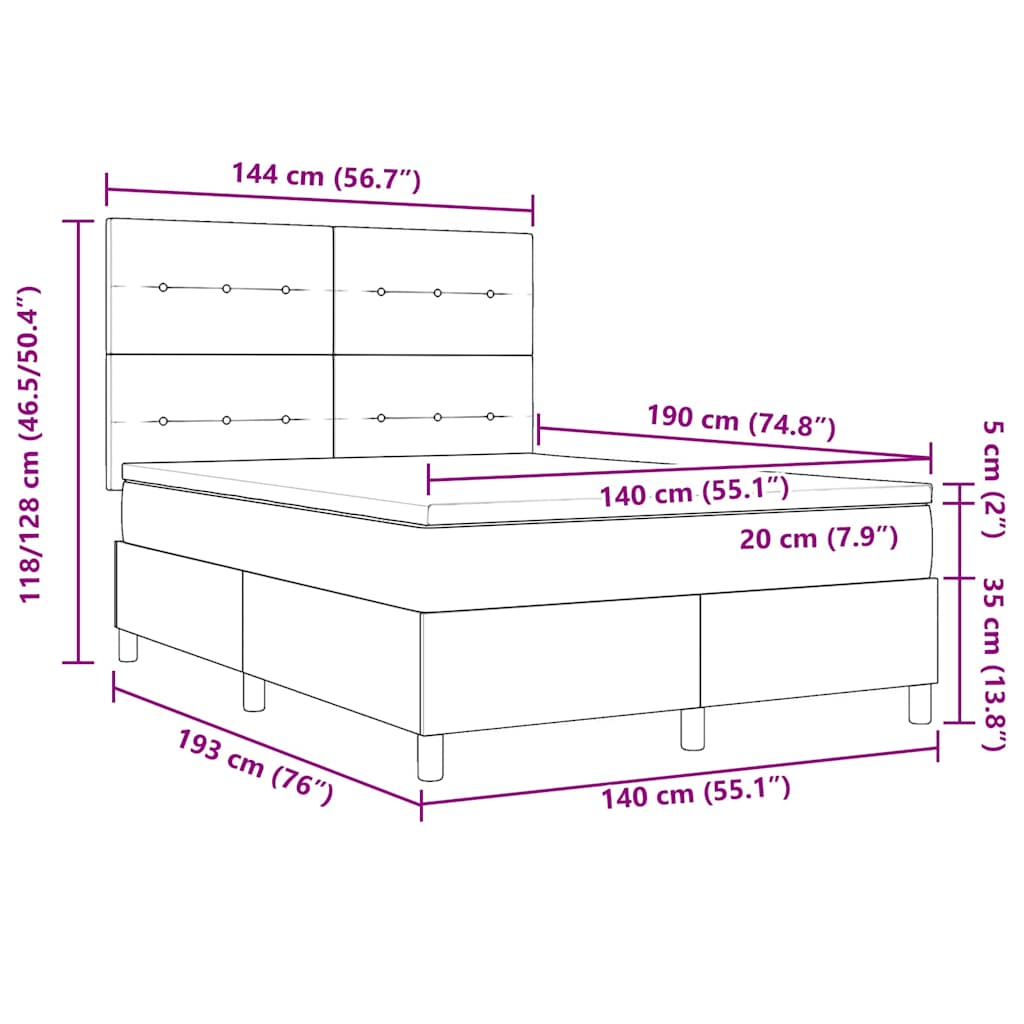 LED Box Spring Krevet s uzglavljem Crna 140 x 190 cm Baršun