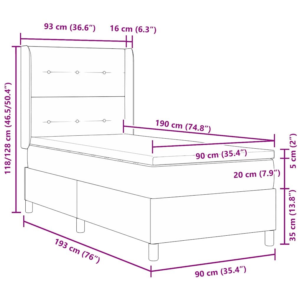 LED Box Spring Krevet s uzglavljem Crna 90 x 190 cm tkanina