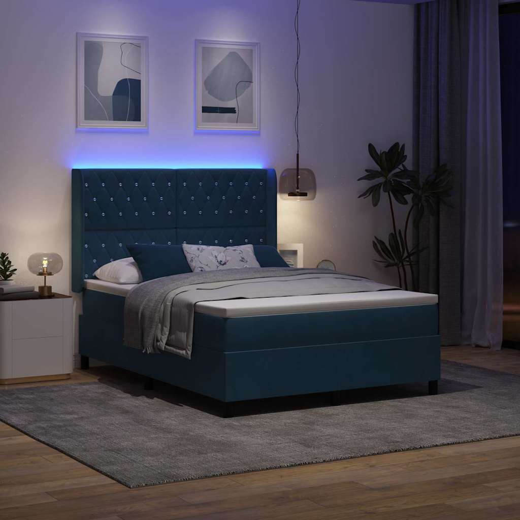 Krevet s opruga kutije s LED trakama Plava 140 x 200 cm Baršun