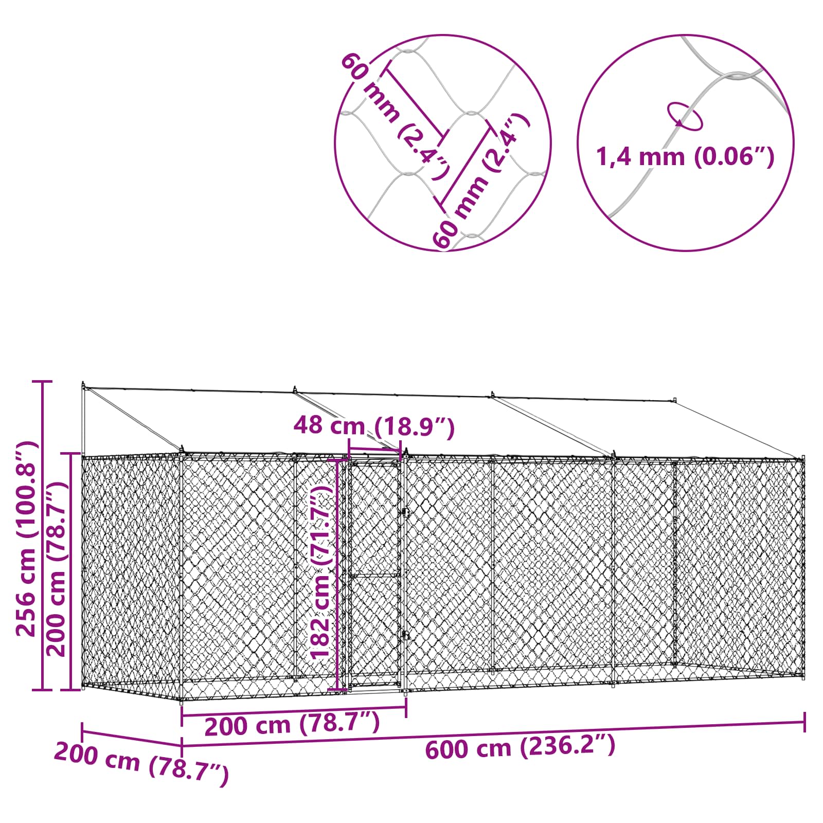 Kavez za psa s krovom Srebrno 600 x 200 x 256 cm Čelik i PE