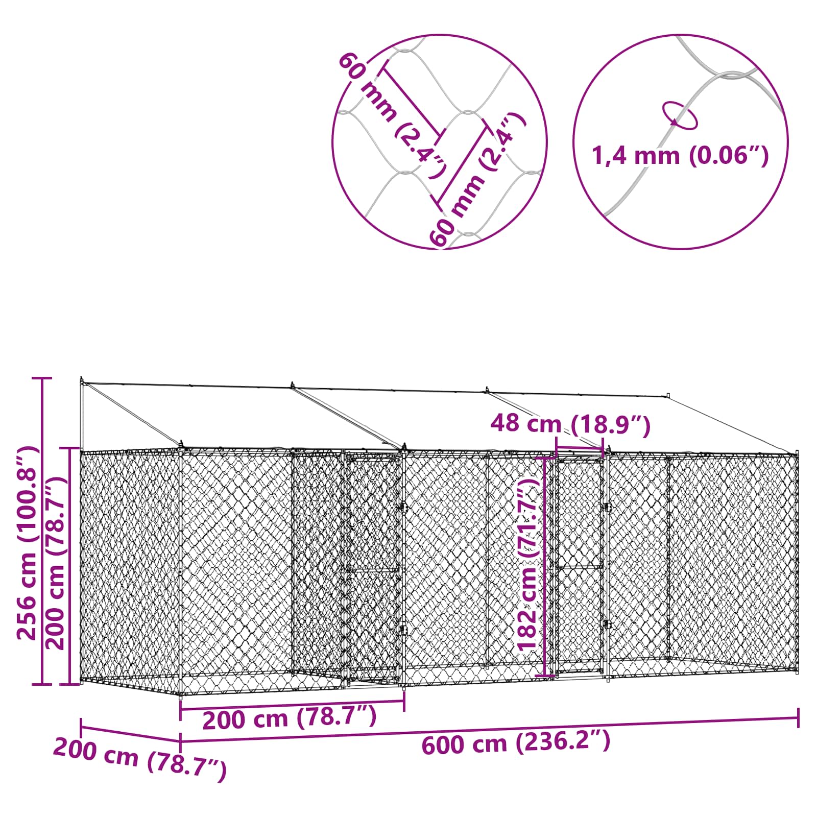 Kavez za psa s krovom Srebrno 600 x 200 x 256 cm Čelik i PE