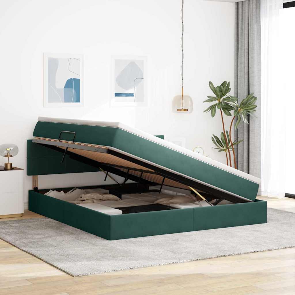 LED krevet za pohranu s madracem Tamnozelena 180 x 200 cm