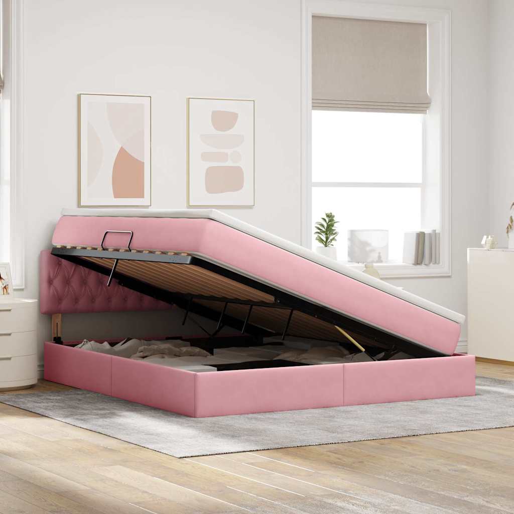 LED krevet za pohranu s madracem Ružičasta 160 x 200 cm Baršun