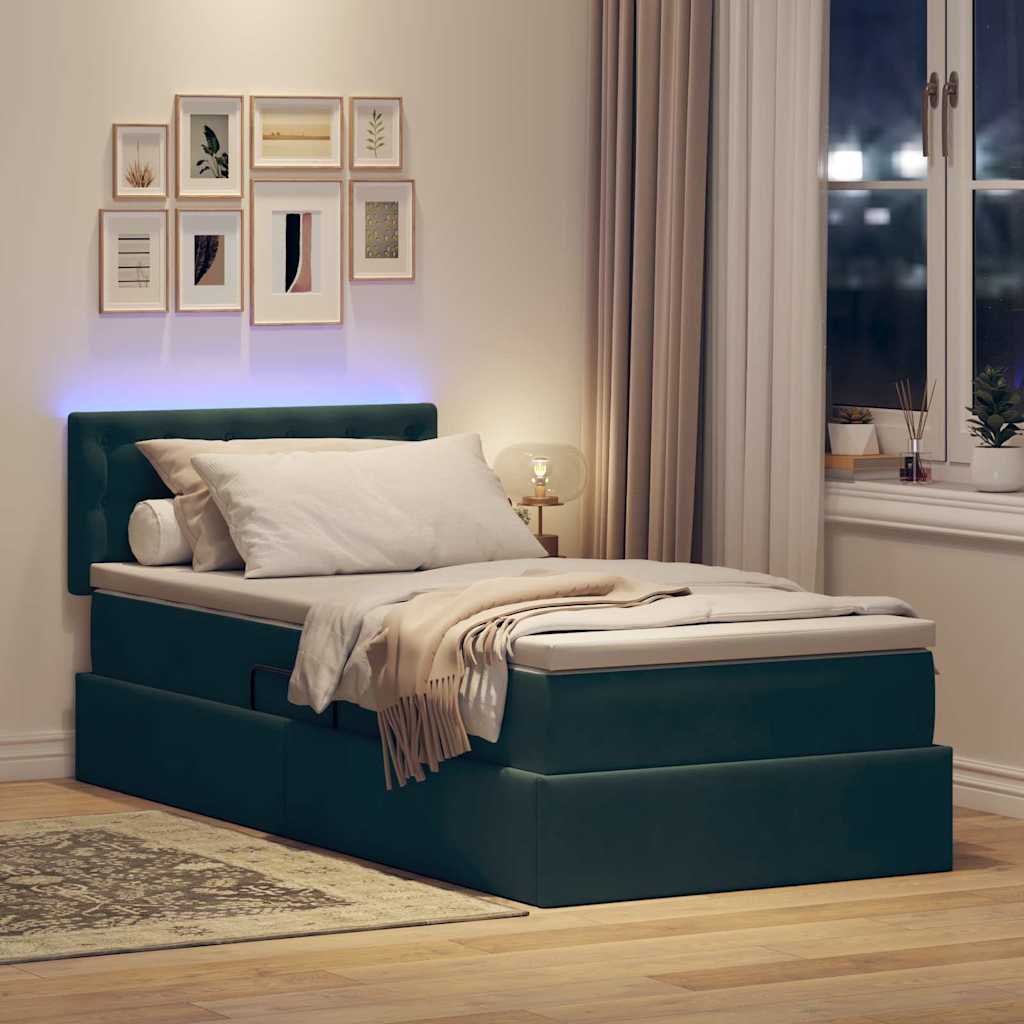 LED krevet za pohranu s madracem Tamnozelena 90 x 190 cm Baršun