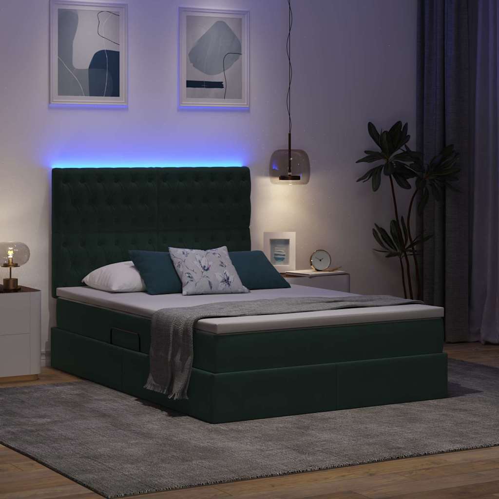 LED krevet za pohranu s madracem Tamnozelena 140 x 190 cm