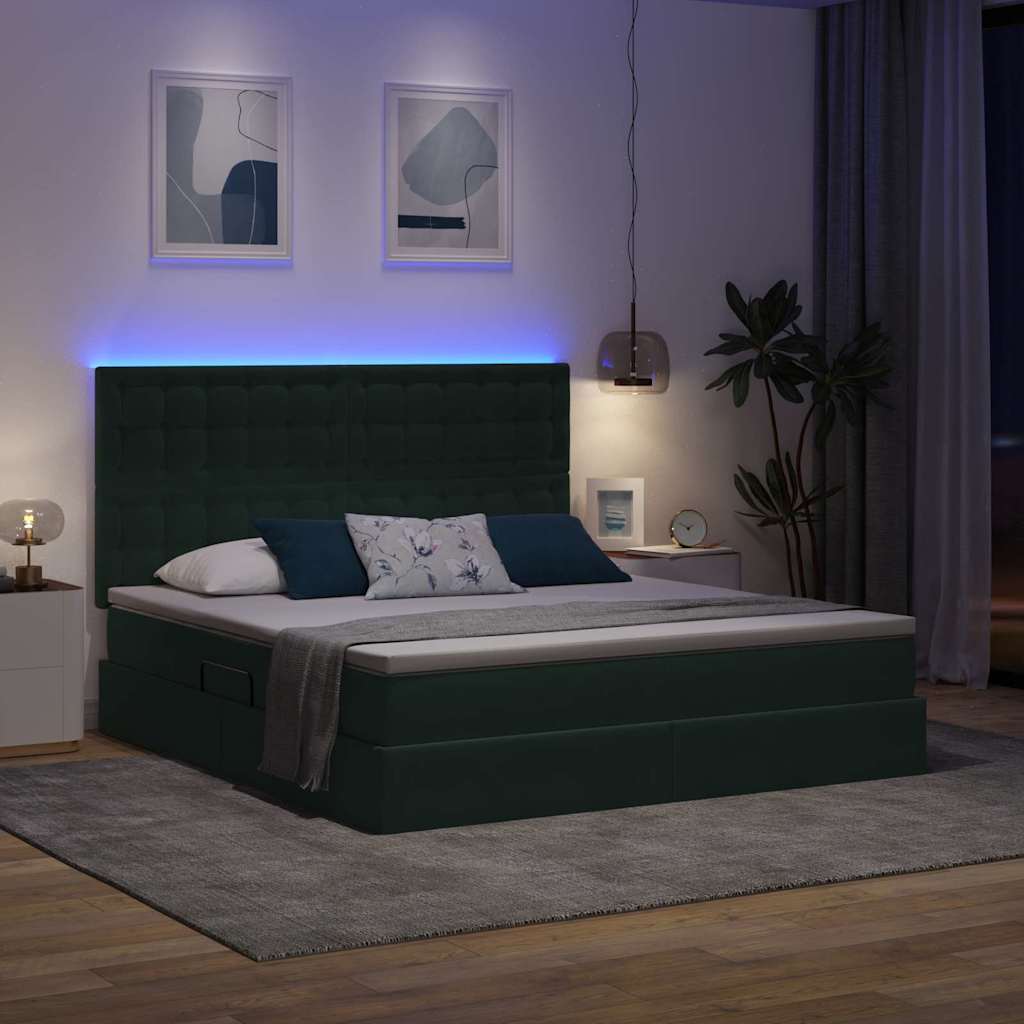 LED krevet za pohranu s madracem Tamnozelena 160 x 200 cm