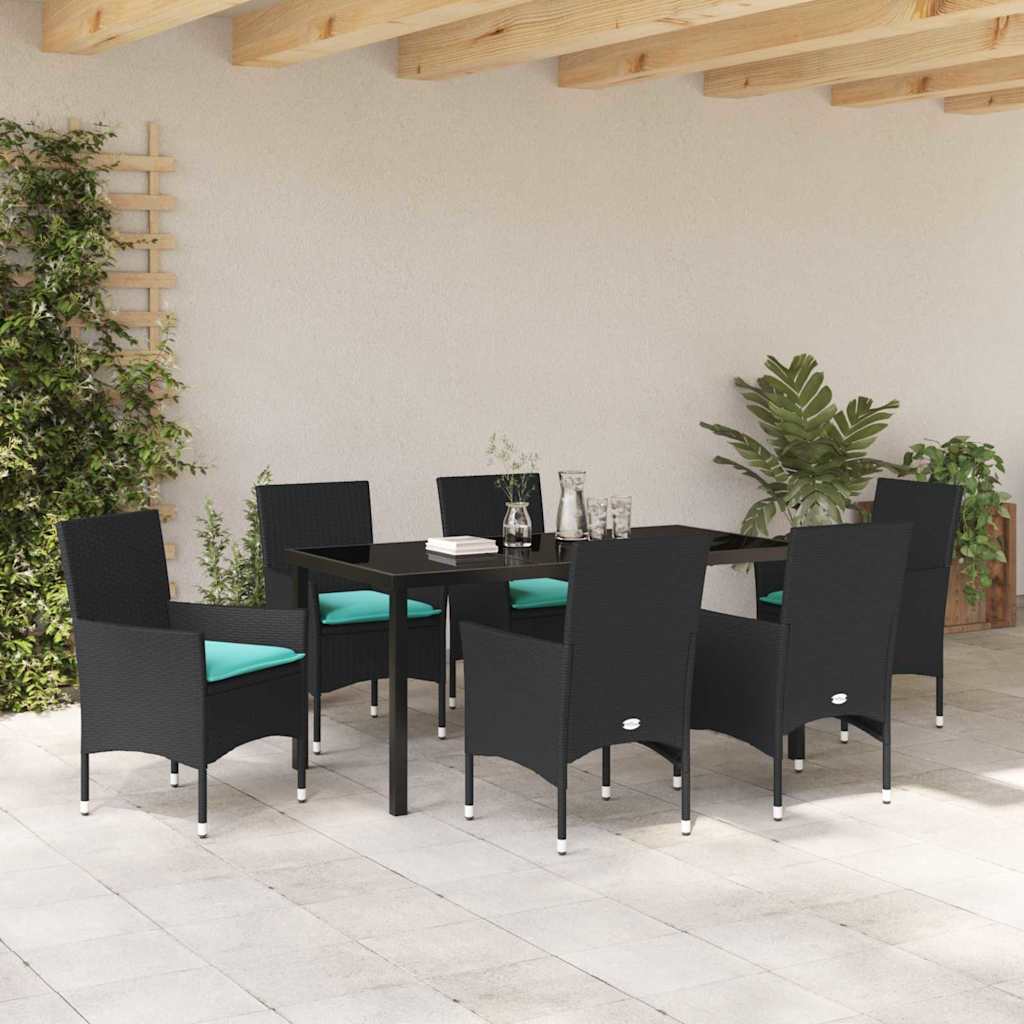 Set stola i stolica s jastukom 7 pcs Crna PE ratan