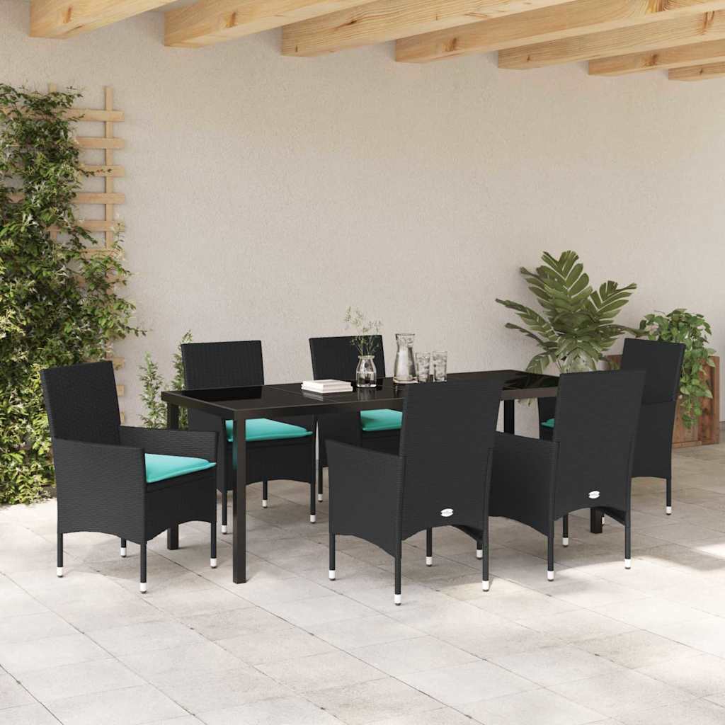 Set stola i stolica s jastukom 7 pcs Crna PE ratan