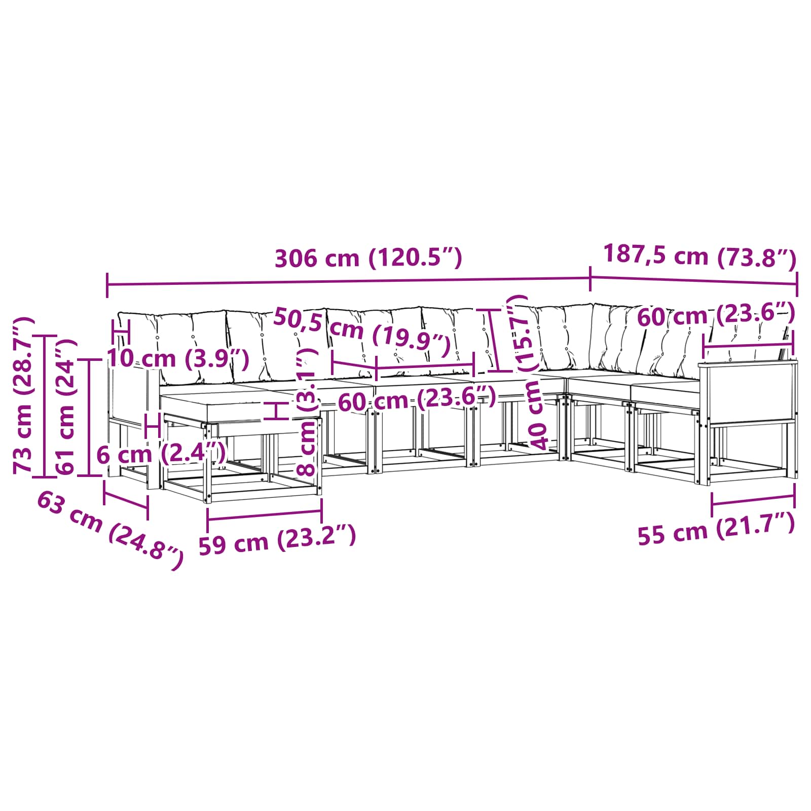 Set vanjskih sofa 8 pcs Prirodna i svjetlosiva