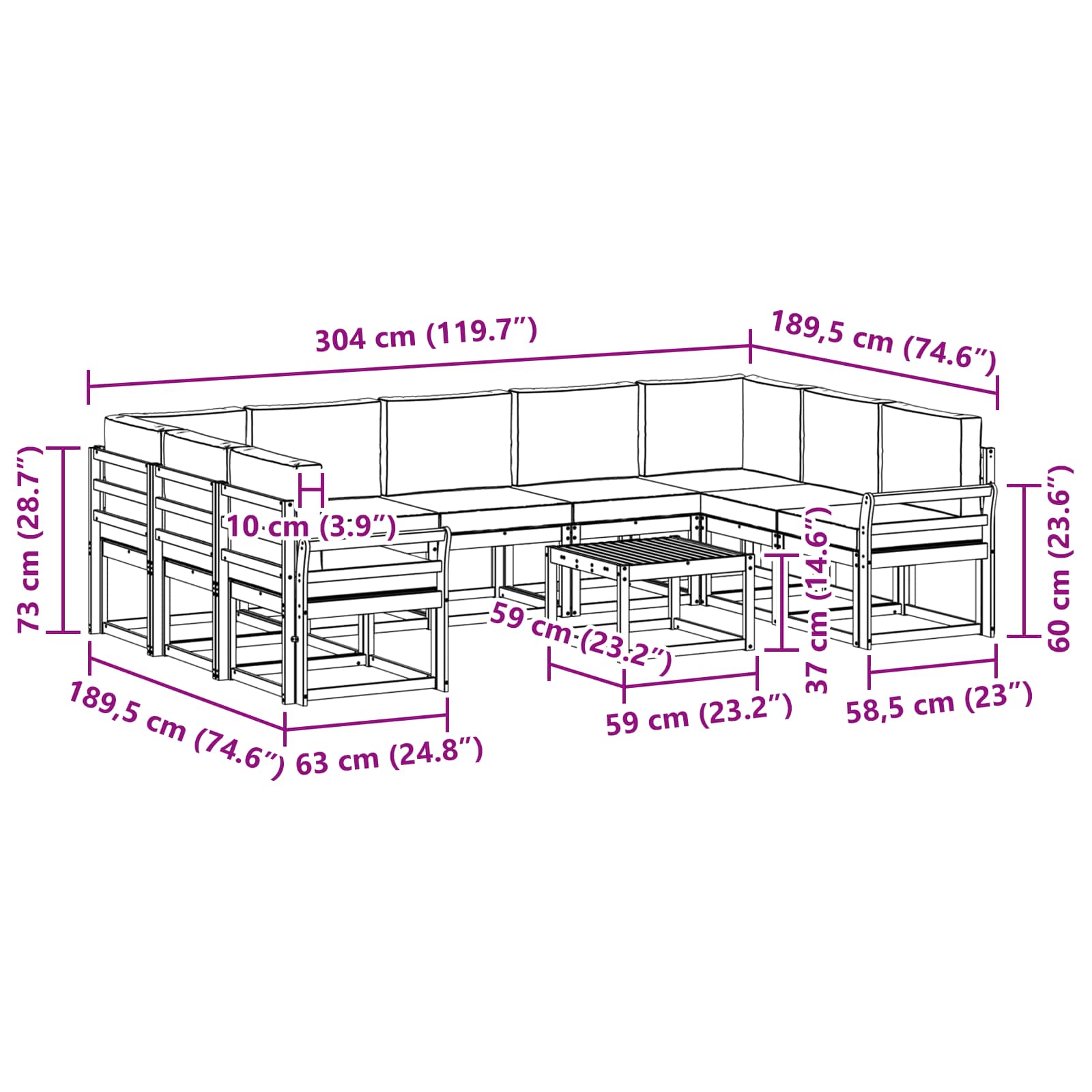 Set vanjskih sofa 10 pcs Bijela i krem 59 x 59 x 37 cm