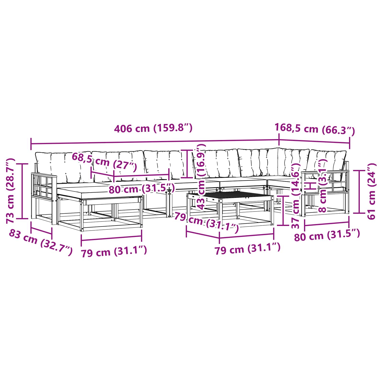 Set vanjskih sofa 8 pcs Bijela i crna Čvrsto drvo akacije