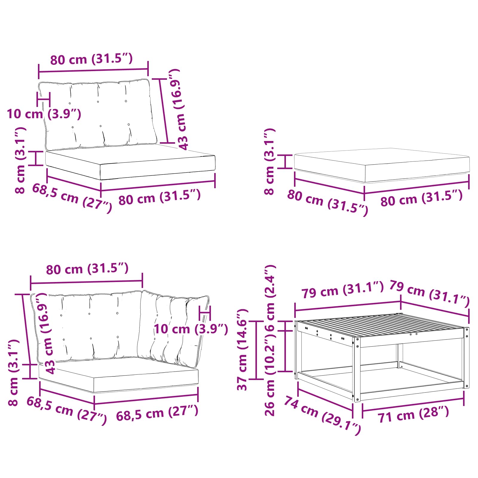 Set vanjskih sofa 9 pcs Bijela i crna Čvrsto drvo akacije