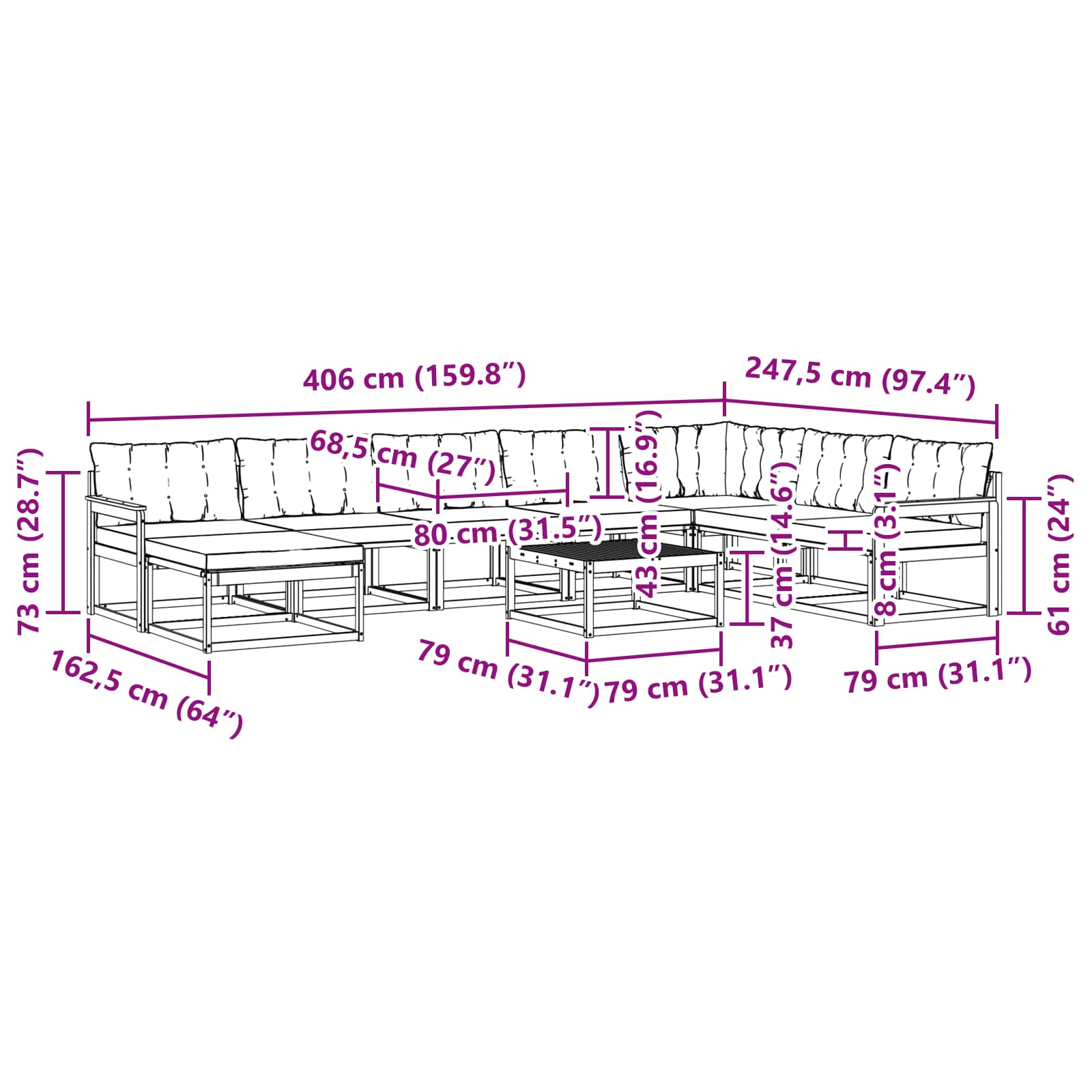 Set vanjskih sofa 9 pcs Bijela i crna Čvrsto drvo akacije