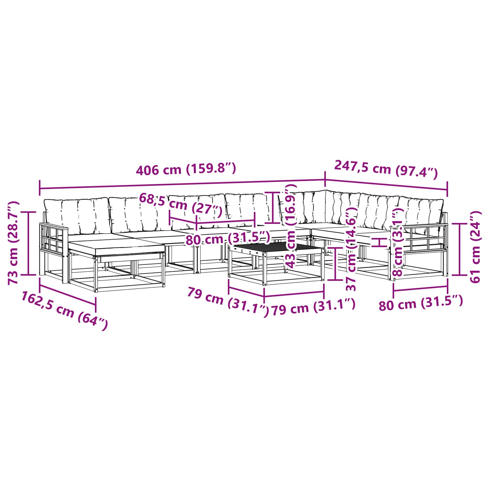 Set vanjskih sofa 9 pcs Bijela i crna Čvrsto drvo akacije