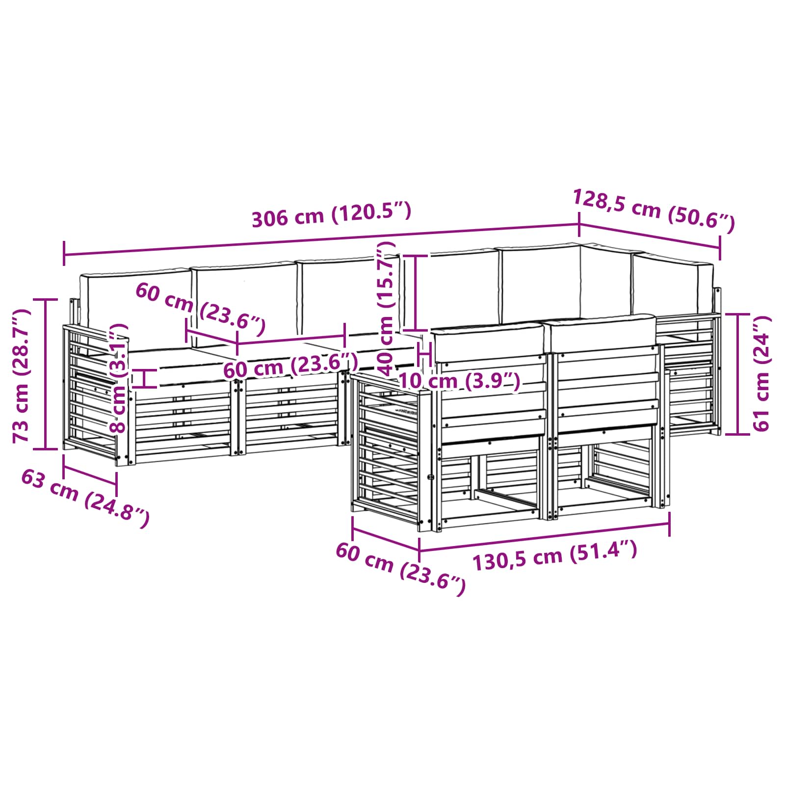 Set vanjskih sofa 8 pcs Bijela i bež 306 x 128,5 x 73 cm