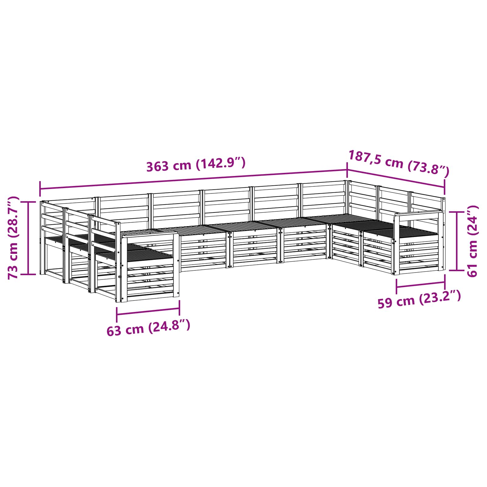 Set vanjskih sofa 10 pcs Bijela 363 x 187,5 x 73 cm
