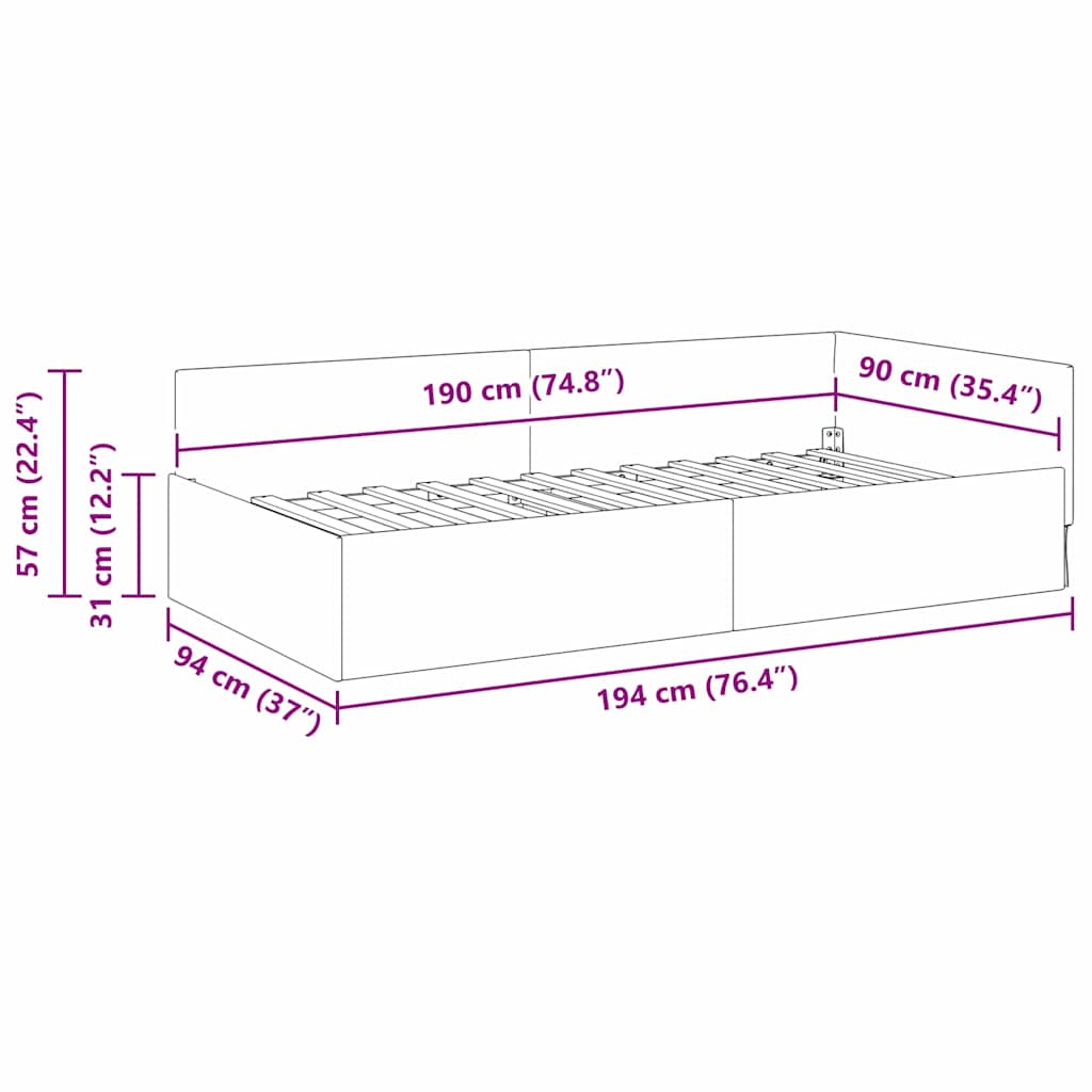 Kutni okvir kreveta s uzglavljem Crna 90 cm x 190 cm tkanina