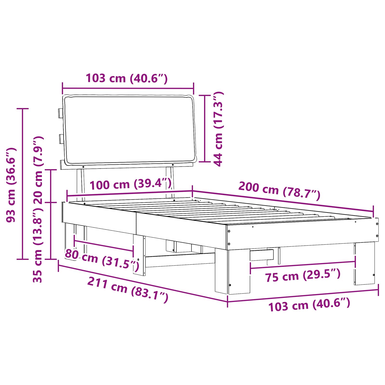 Krevetni okvir s tapiciranim uzglavljem Crna 100 x 200 cm