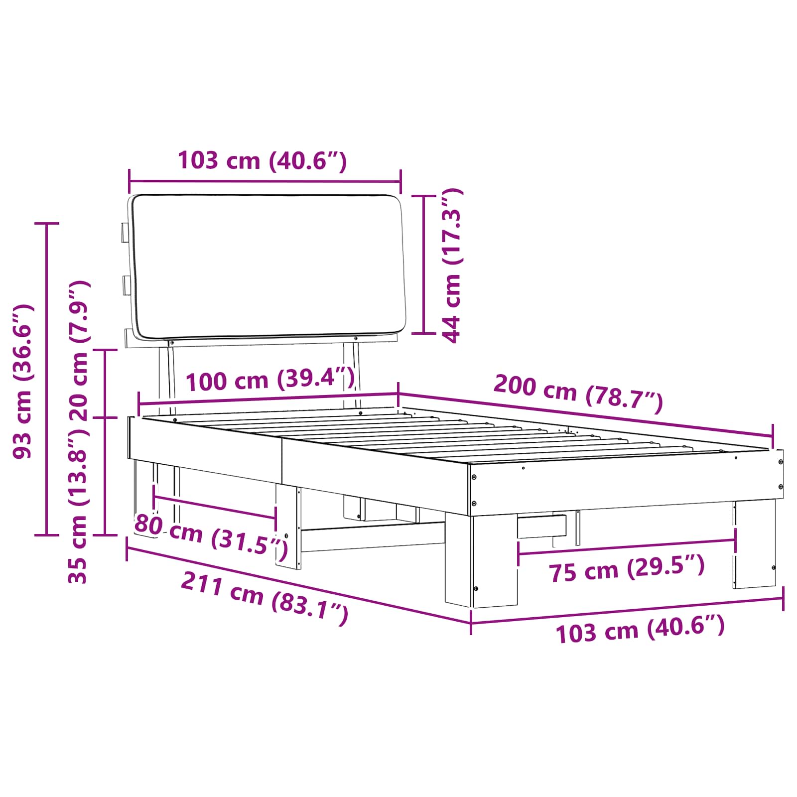 Krevetni okvir s tapiciranim uzglavljem Crna 100 x 200 cm