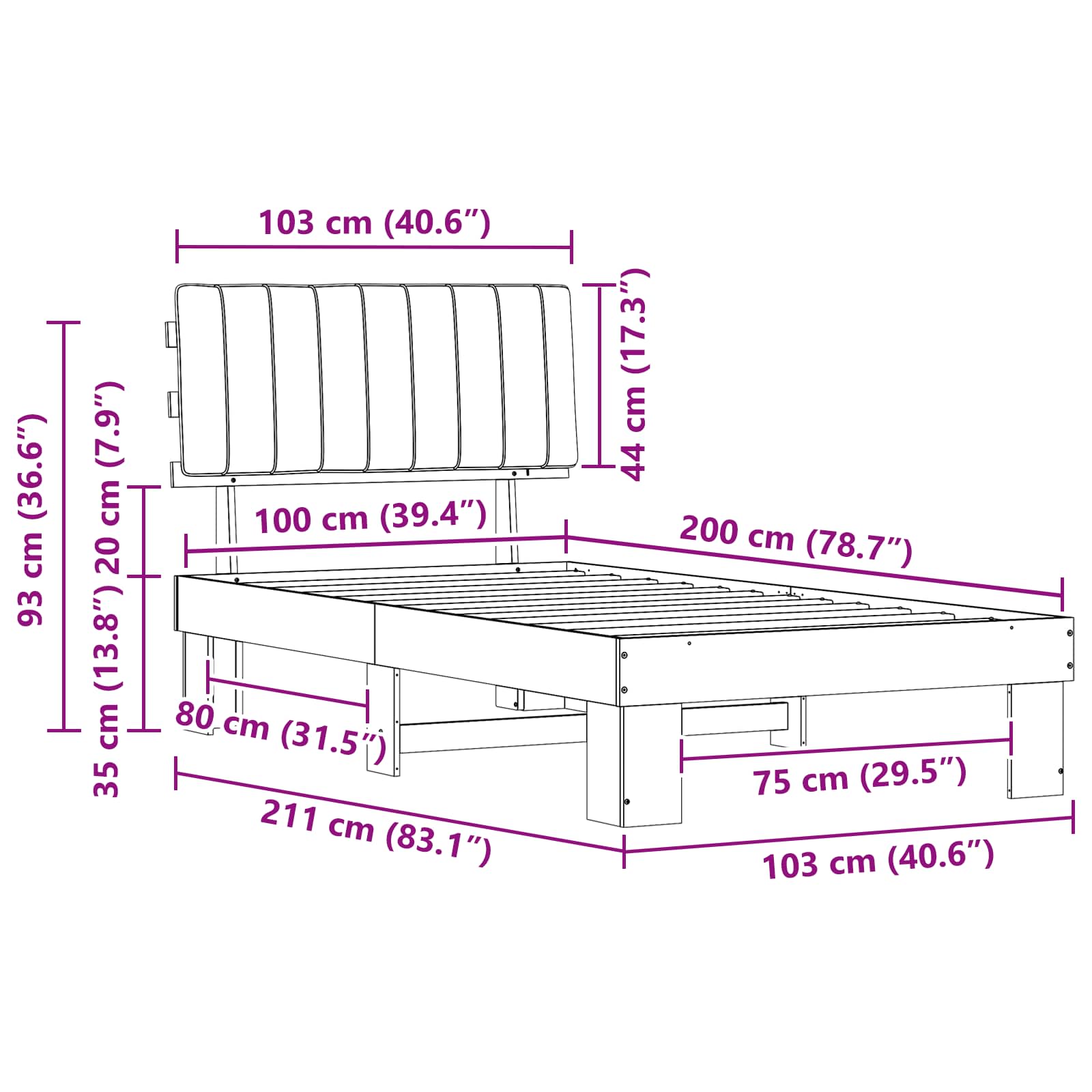 Krevetni okvir s tapiciranim uzglavljem Crna 100 x 200 cm