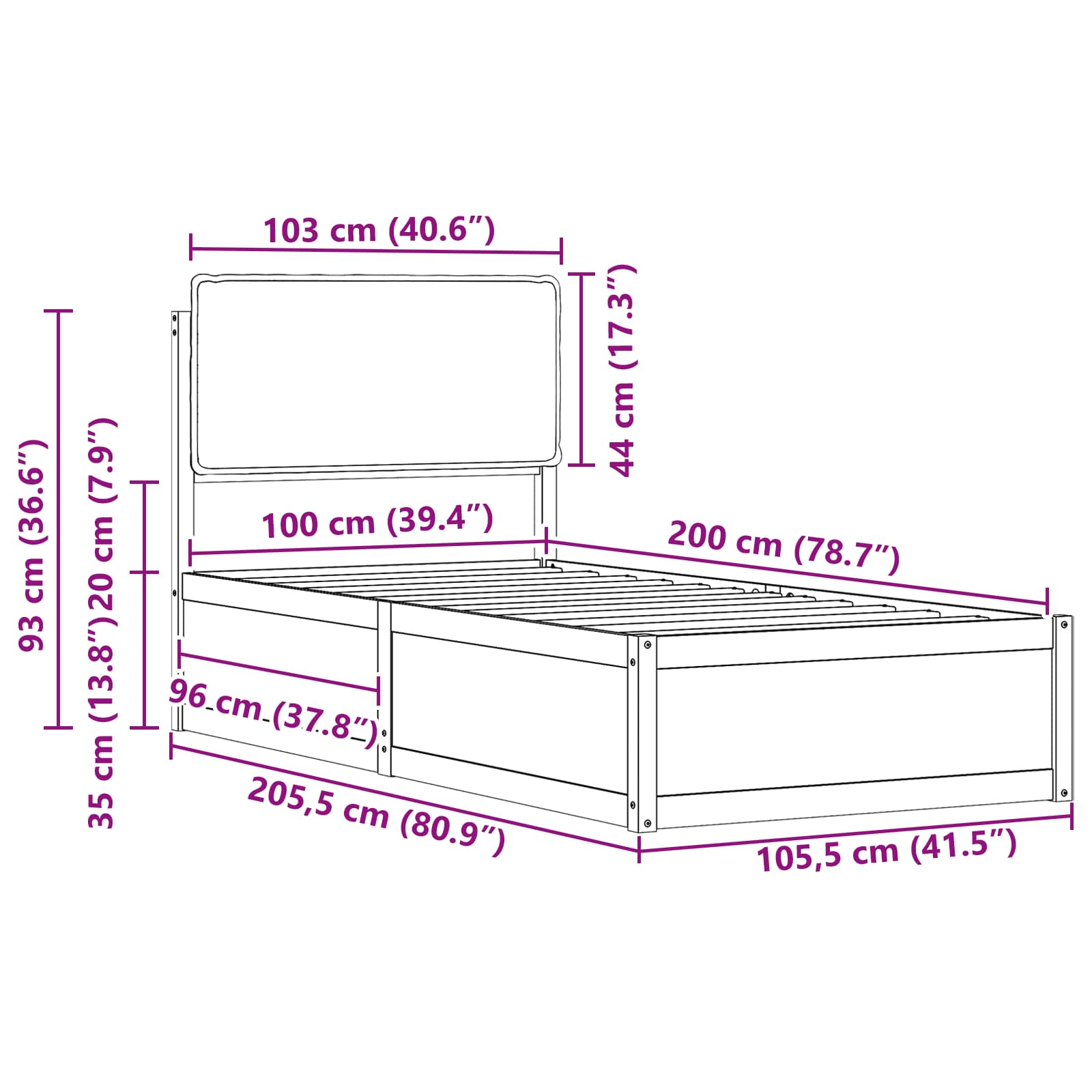 Krevetni okvir s tapiciranim uzglavljem Crna 100 x 200 cm