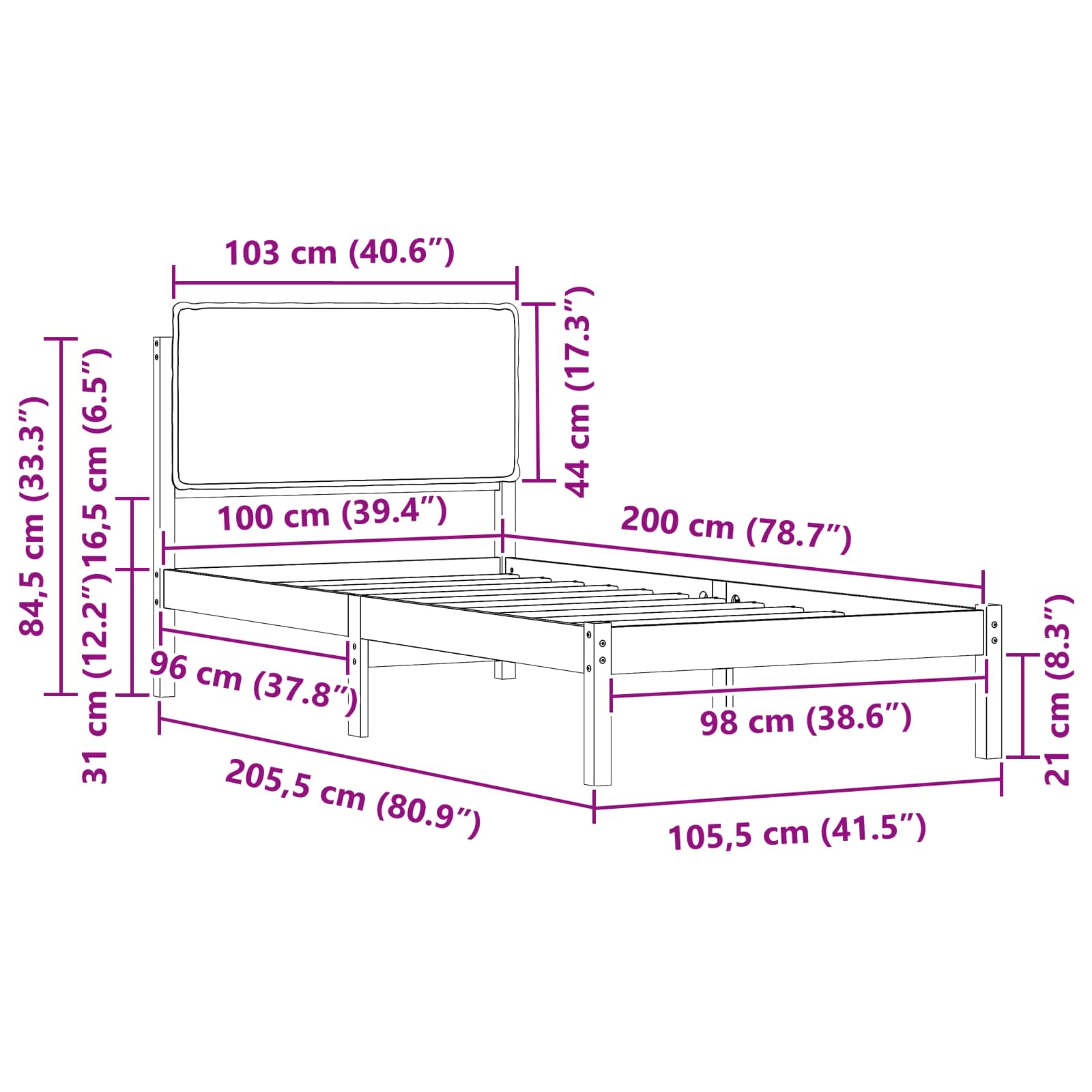 Krevetni okvir s tapiciranim uzglavljem Crna 100 x 200 cm