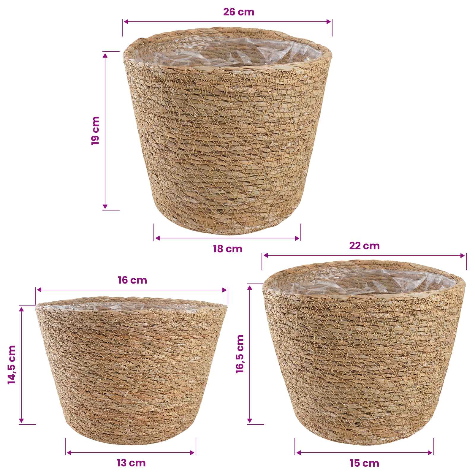 Košare za biljke od morske trave 3 pcs Prirodna Ø26 x 19 cm
