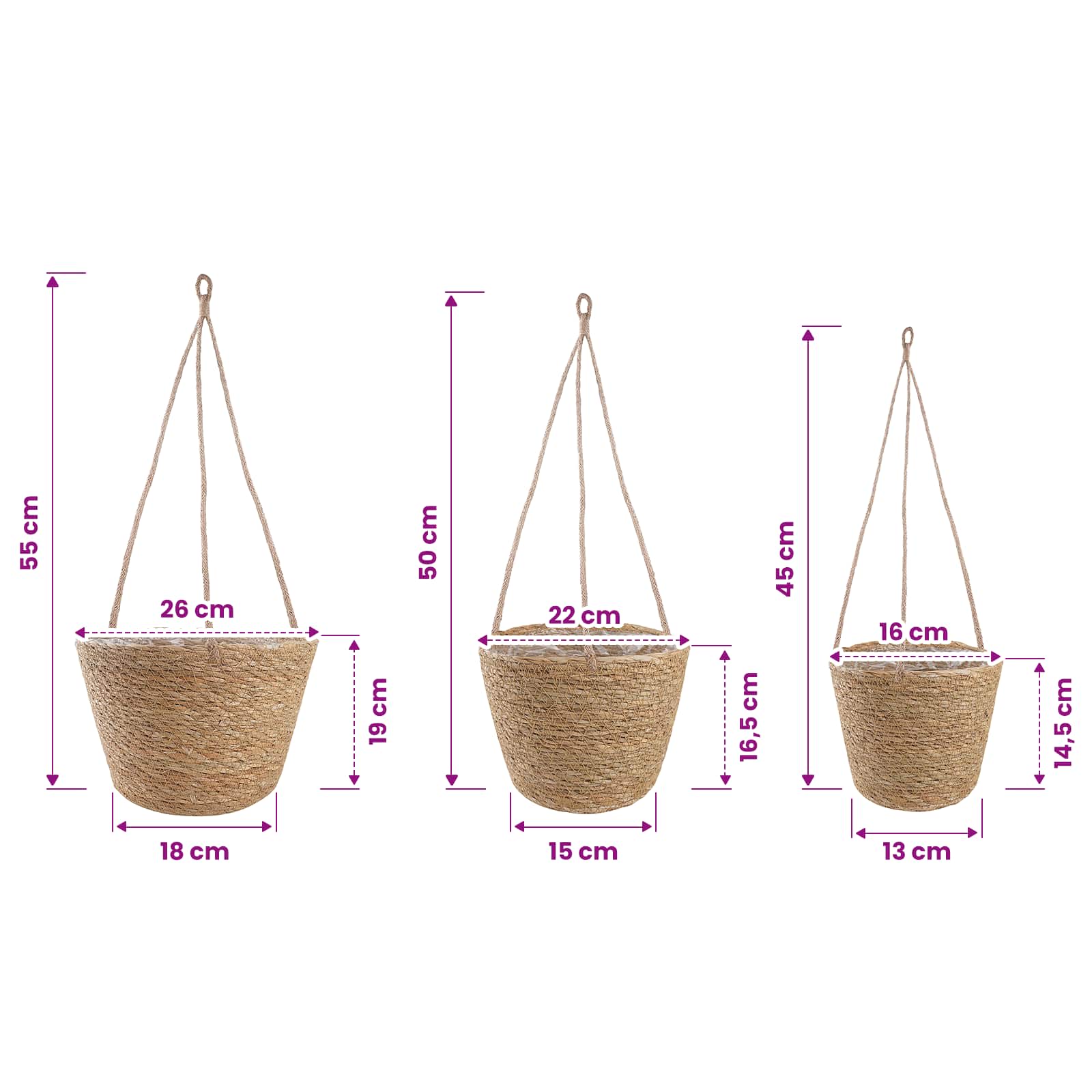 Košare za biljke od morske trave 3 pcs Prirodna Ø26 x 19 cm