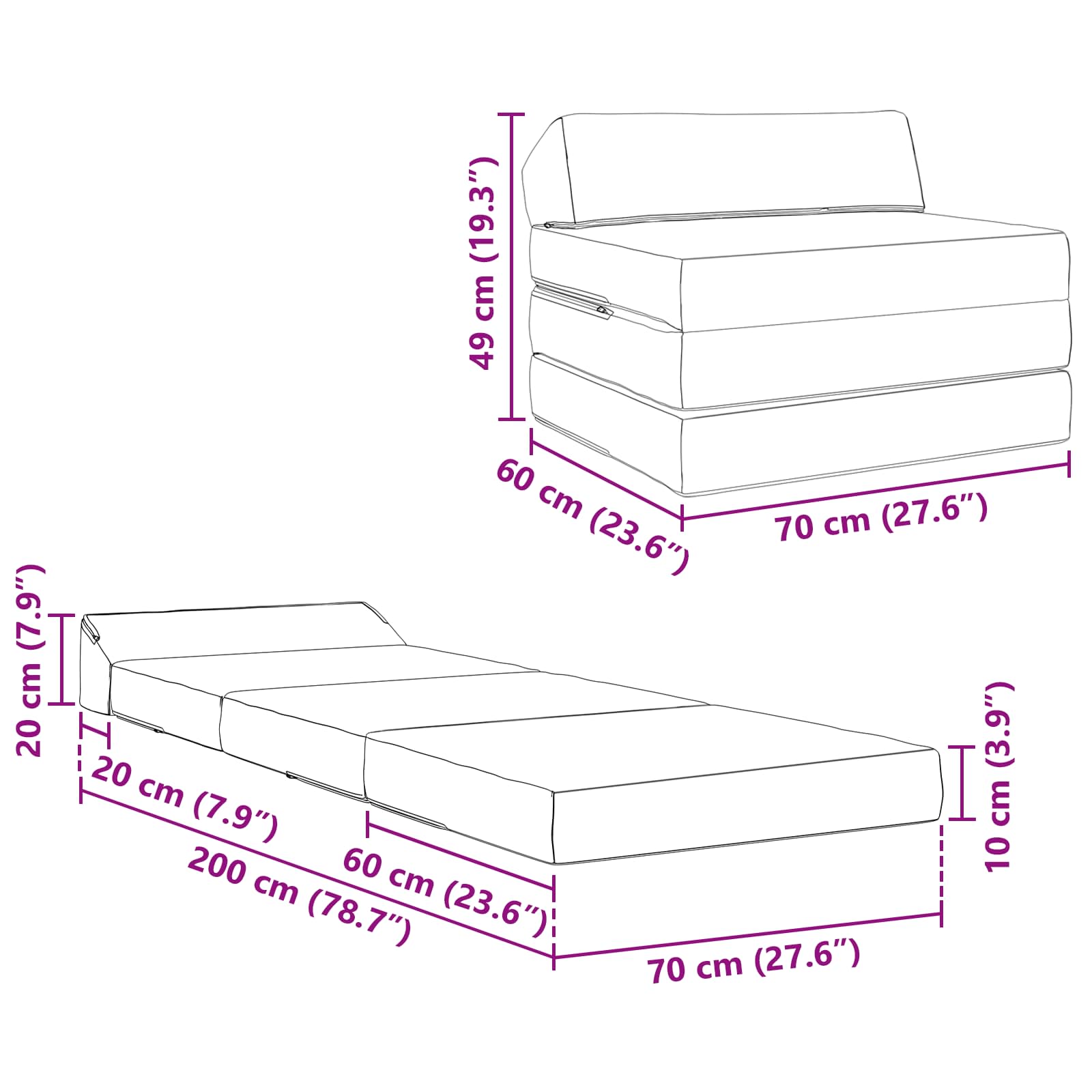Sofa na razvlačenje Svjetlosiva 200 x 70 x 10 cm